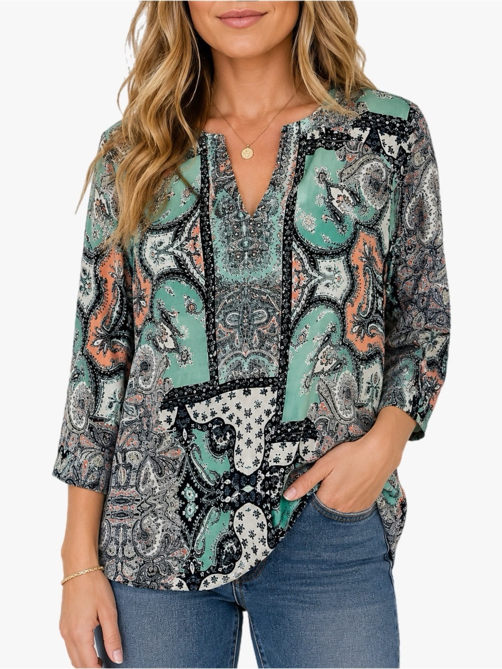 Van Heusen Women’s Large Paisley Print Boho Tunic Blouse 3/4 Sleeve Multicolor